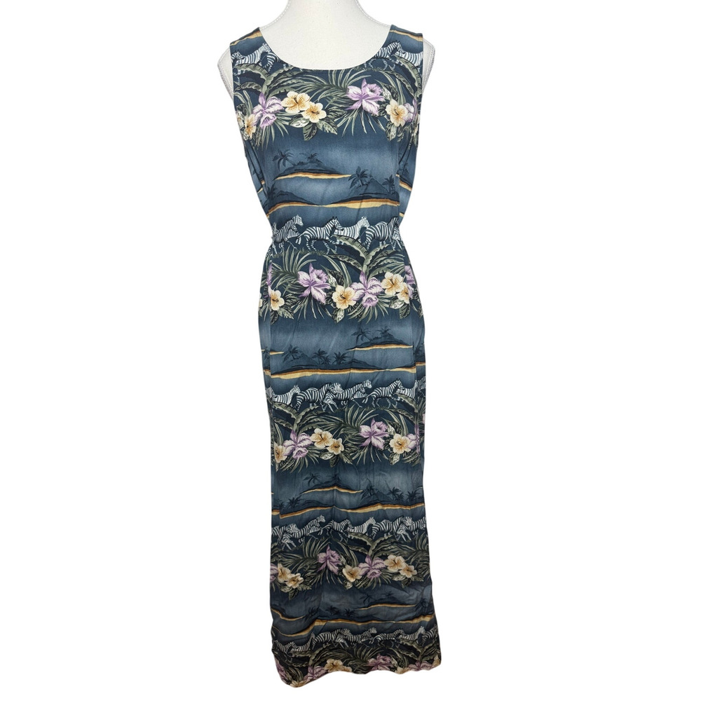 Vintage 90s Hawaiian Tropical Novelty‎ Print Maxi Tank Dress Women M Tradwife